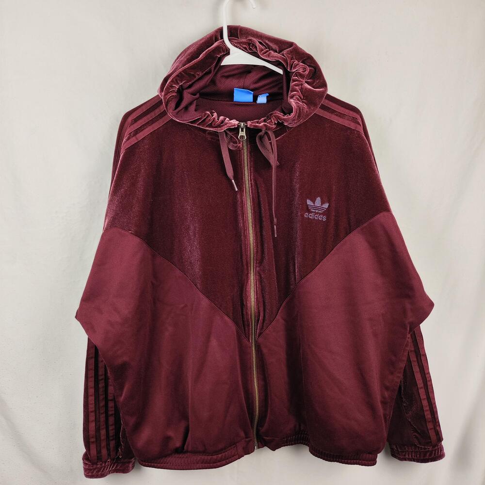 Adidas Originals Track Jacket Womens Large Red Velour Hooded Full Zip Hoodie